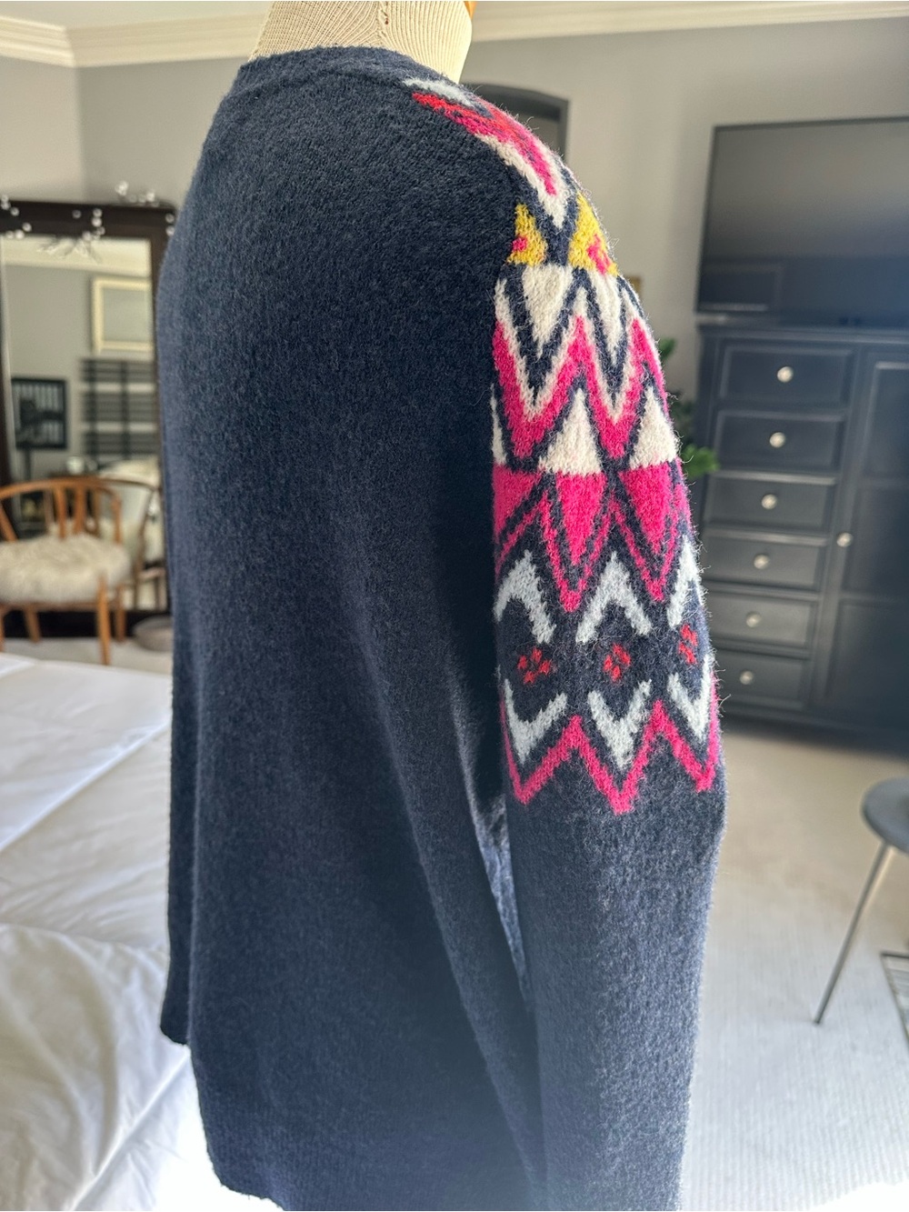 Caslon Nordstrom Fair Isle Crewneck Navy Sweater with Accents size large - Picture 4 of 11